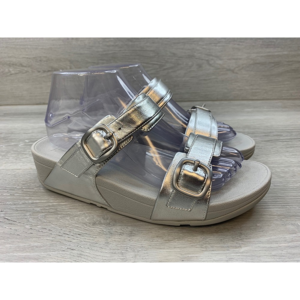 FitFlop Lulu Buckle Silver Metallic Leather Sandals Microwobbleboard Women's 8